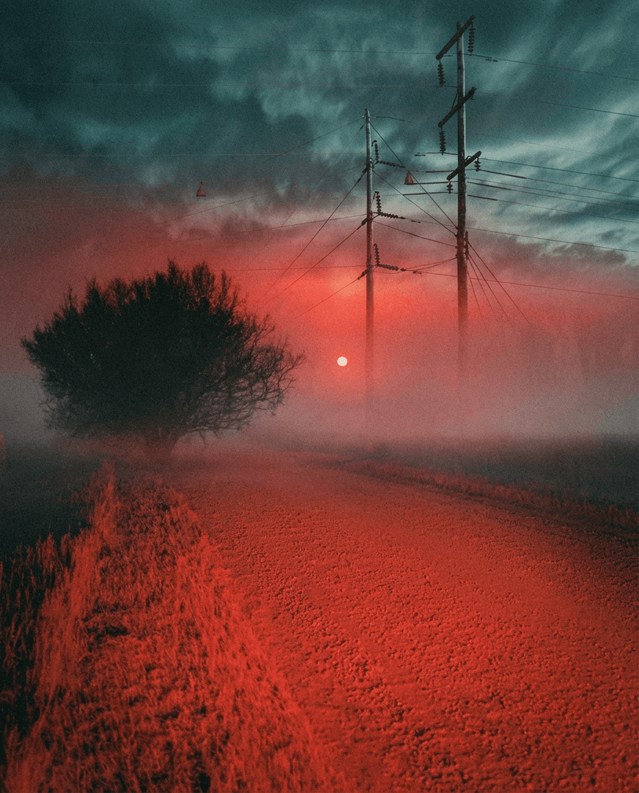 Infrared landscape with power lines at sunset