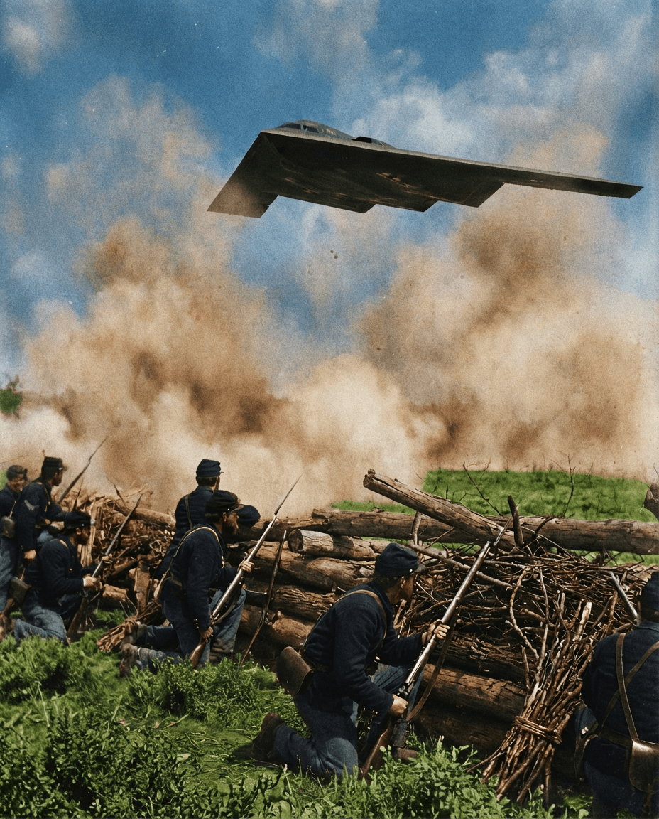 Stealth bomber over Civil War battlefield scene
