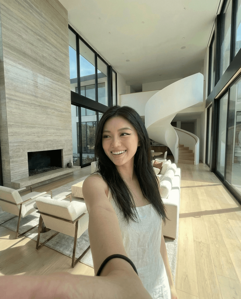 Selfie in modern luxury home with spiral staircase