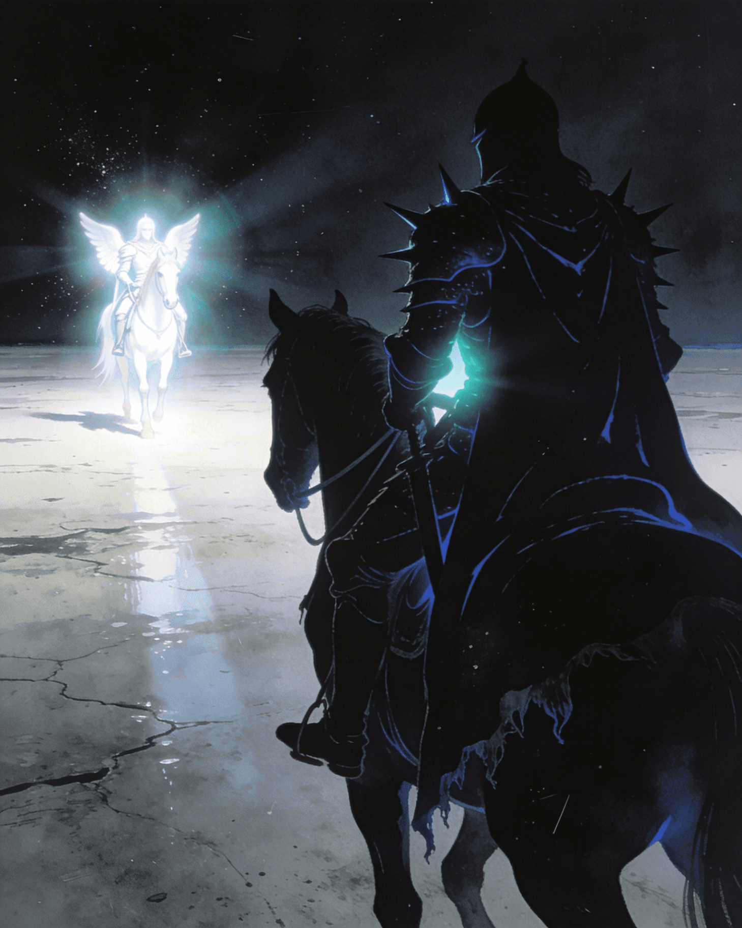 Dark knight and angelic rider fantasy illustration